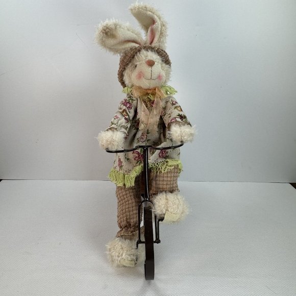 Floral Bunny Plush Doll On Metal Tricycle With Wicker Basket Floral Accents 19" - Picture 3 of 13